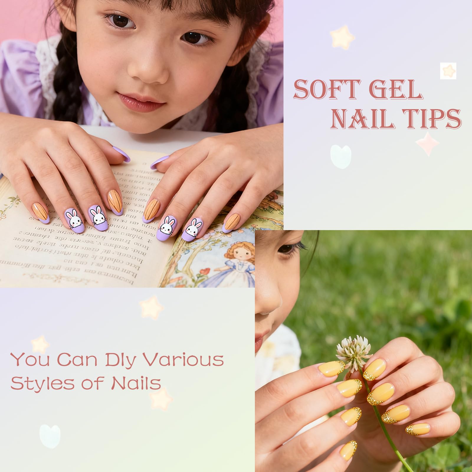 12 sizes of almond shaped kids fake nails in storage box