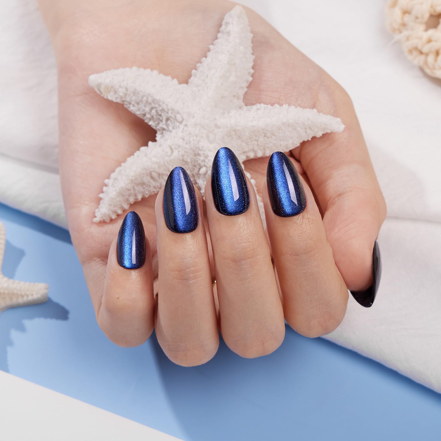 Vsalon short almond press on nails in blue velvet finish