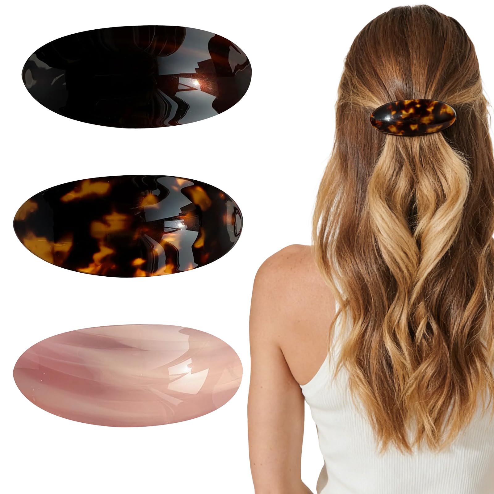 Three pack large acetate ponytail barrettes showing the durable automatic metal spring clasp mechanism.