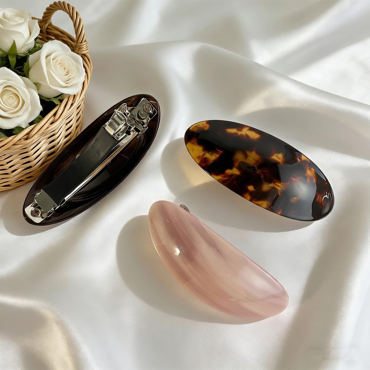 Side profile of the eco friendly cellulose acetate hair clips illustrating the smooth curved design.