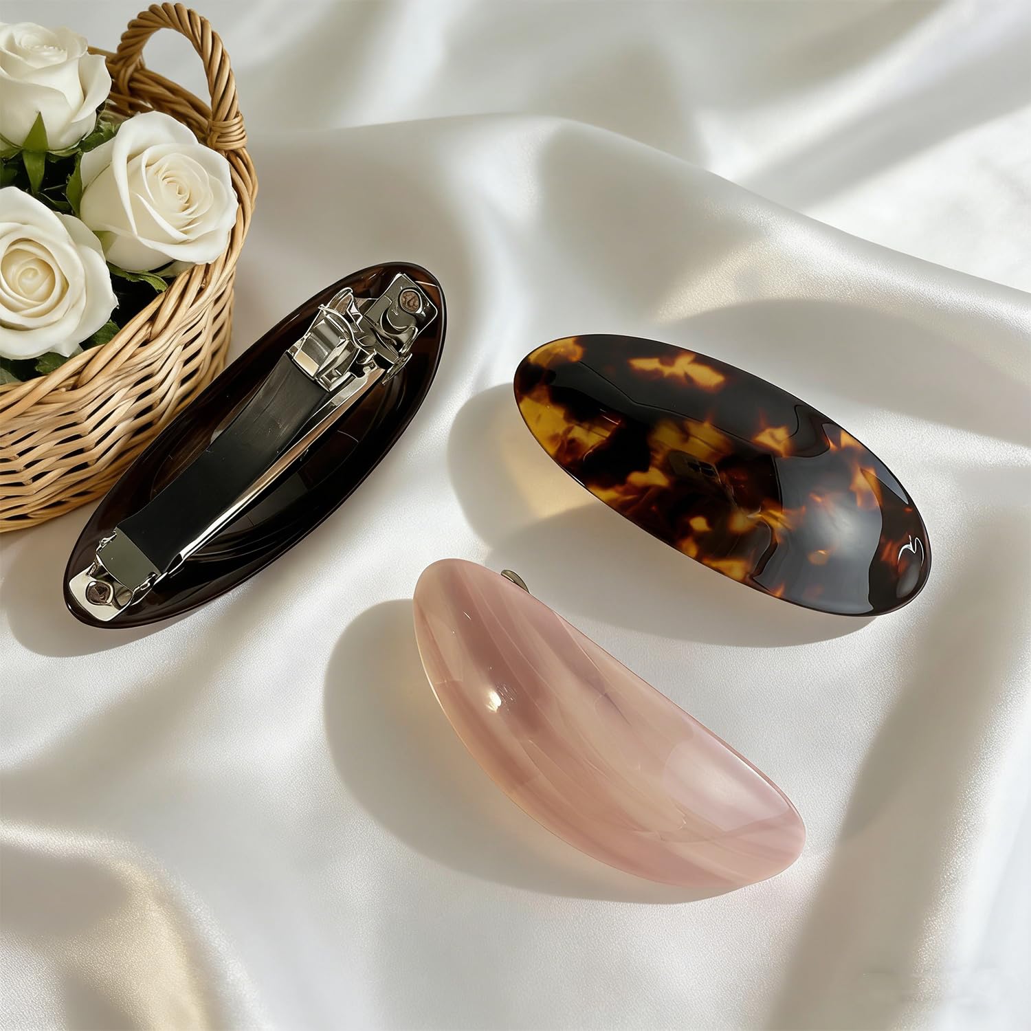Side profile of the eco friendly cellulose acetate hair clips illustrating the smooth curved design.