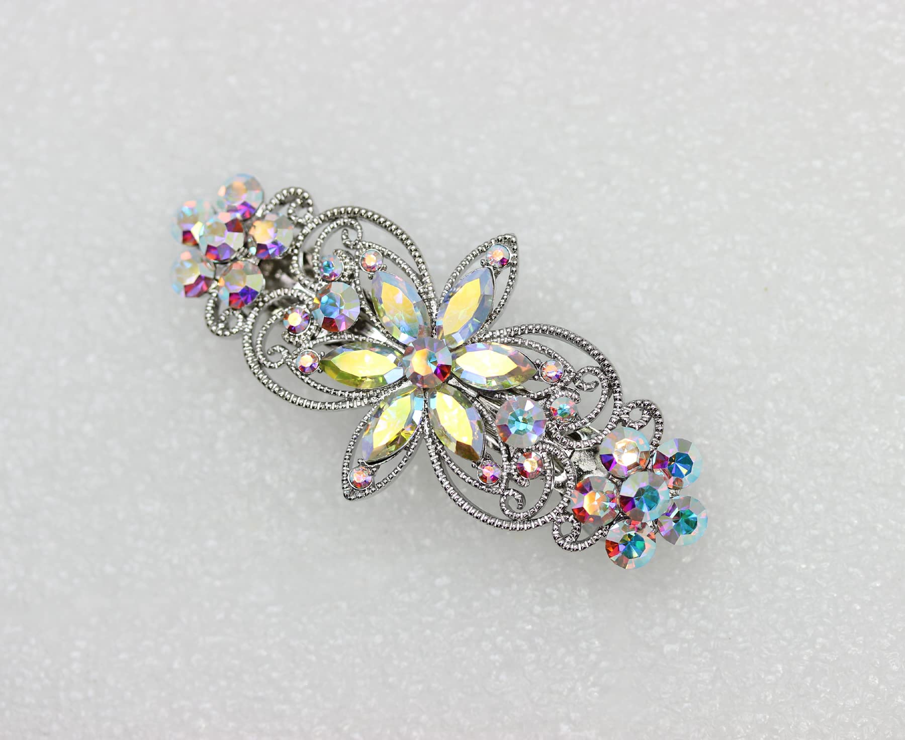 Faship premium rhinestone crystal flower barrette displaying the multi-angle color shifts of the AB finish.