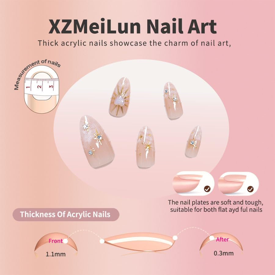 Close up of 3d celestial stars and heart charms on almond nails