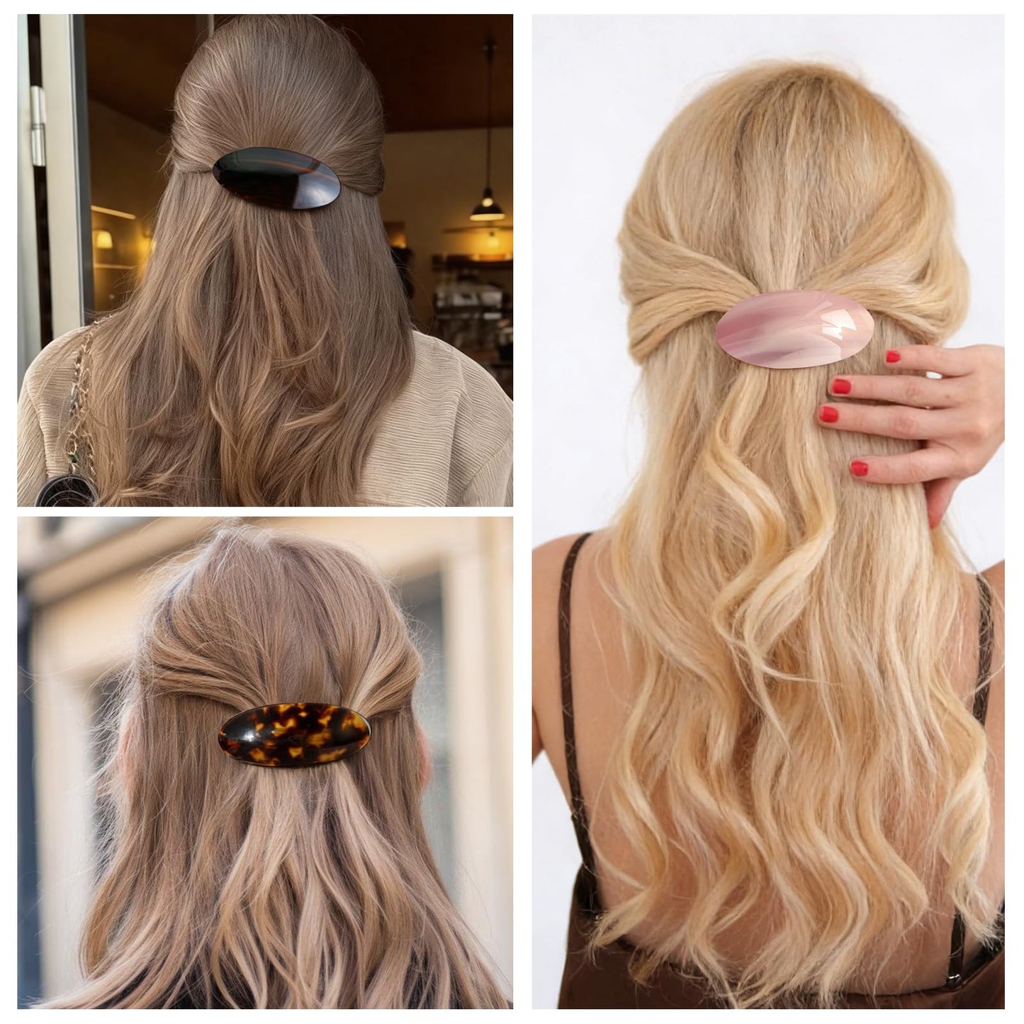 Assorted three piece set of French hair barrettes in caramel and tortoise shell colors.