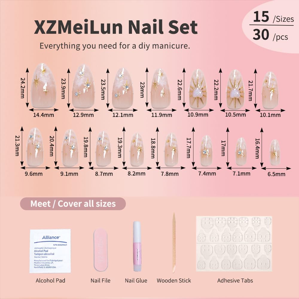 Reusable gold chrome star press on nails set 30 pieces