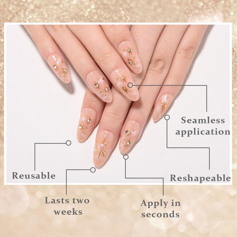 Hand model wearing medium almond boho press on nails