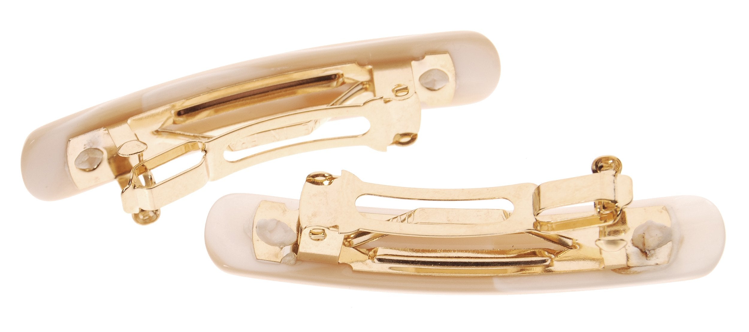 Two classic handmade French rectangle hair clips in neutral Alba tones displayed side by side.