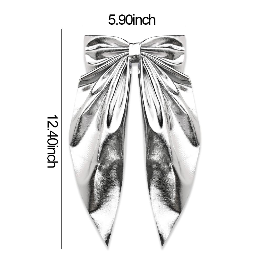 ShiQiao Spl large silver bowknot clip with long ribbon tails styled in a half-up ponytail.