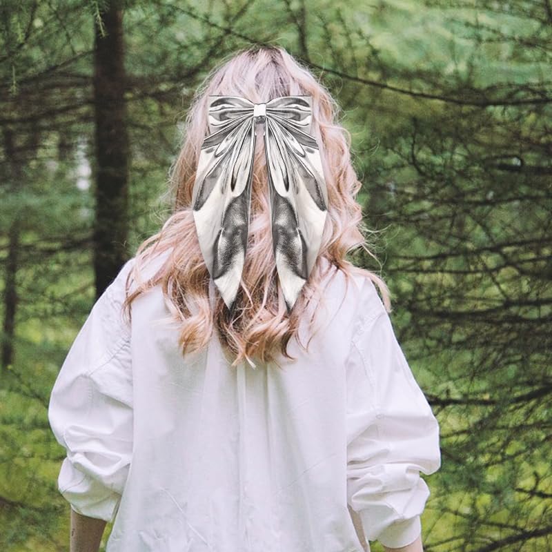ShiQiao Spl metallic silver oversized bow hair accessory showing the premium fabric texture.