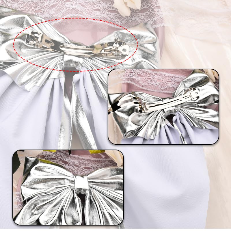 Side angle view of the long ribbon silver bow barrette holding thick wavy hair securely.