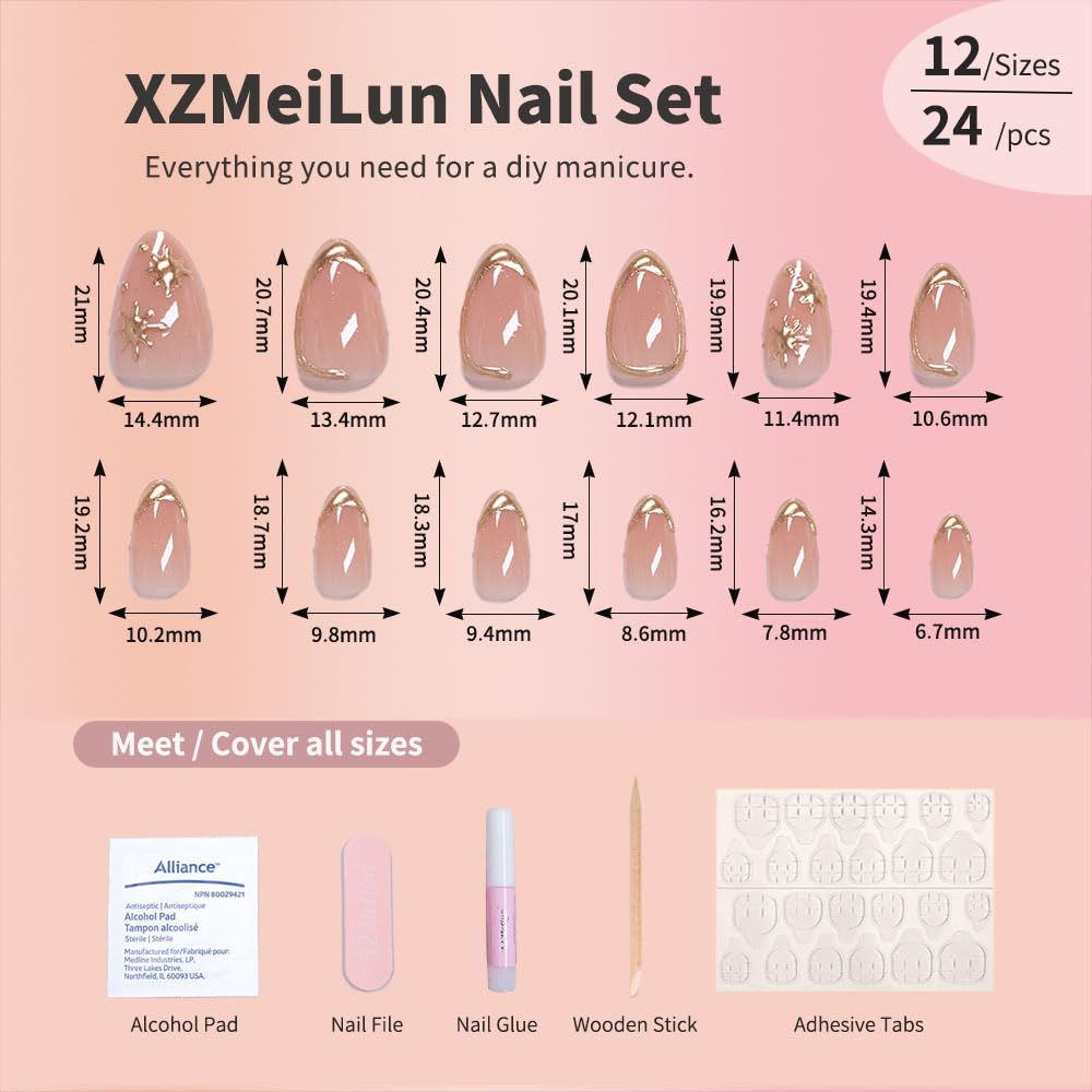Side profile of short almond shaped false nails showing glossy finish