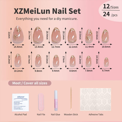 Side profile of short almond shaped false nails showing glossy finish
