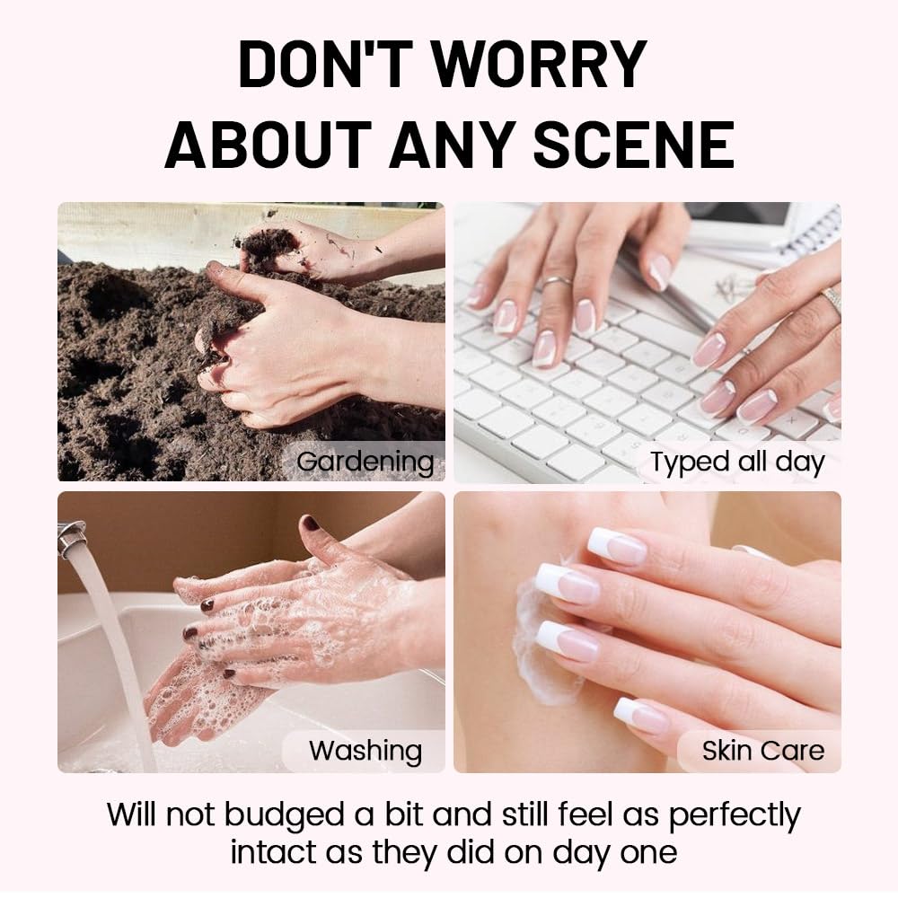 Flat lay of reusable press on nails kit with included glue and file