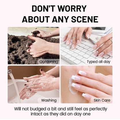 Flat lay of reusable press on nails kit with included glue and file