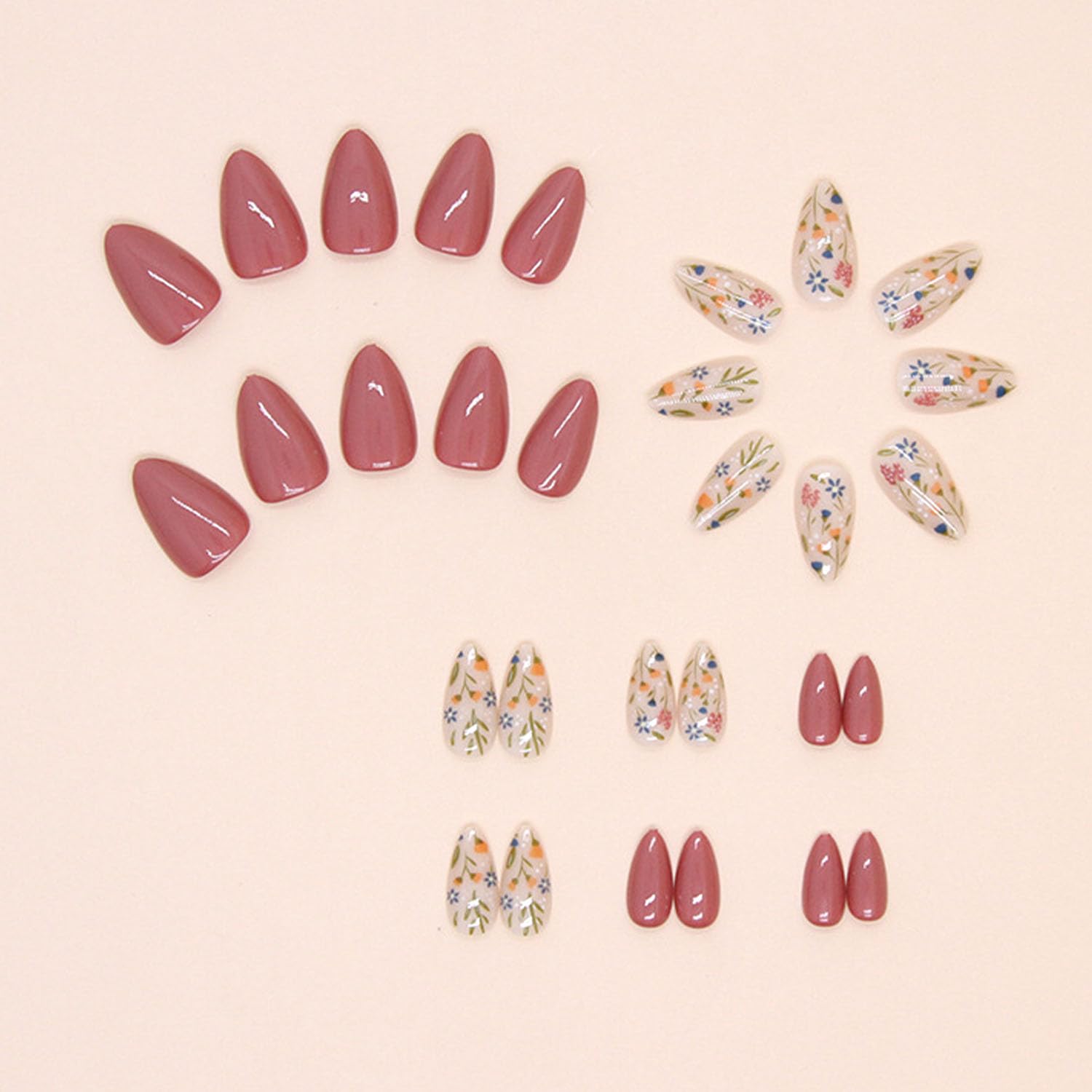 Ffzdena almond shaped fake nails with wildflower art