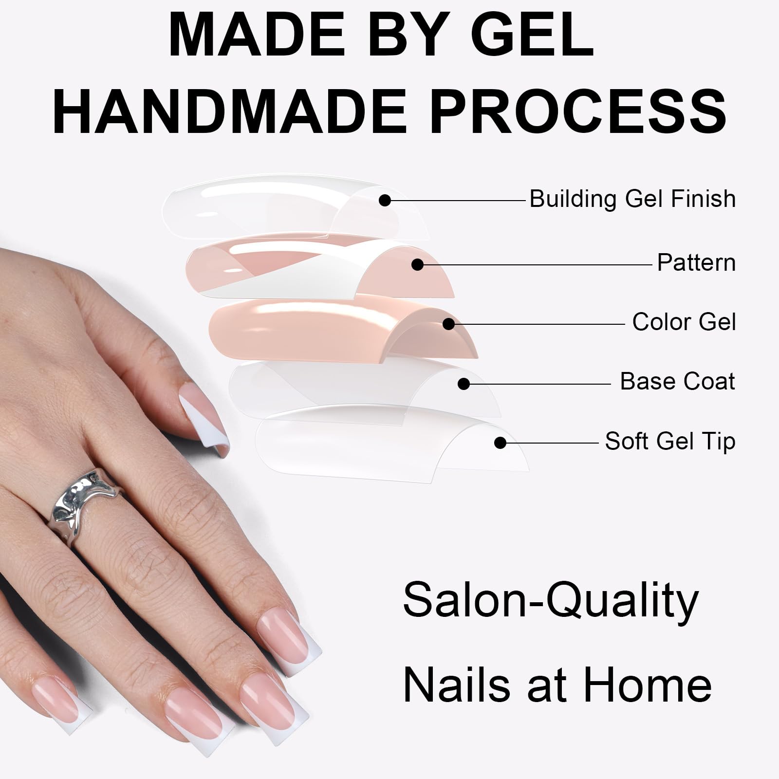 Model wearing short duck shaped French tip soft gel nails