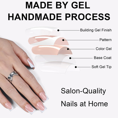 Model wearing short duck shaped French tip soft gel nails