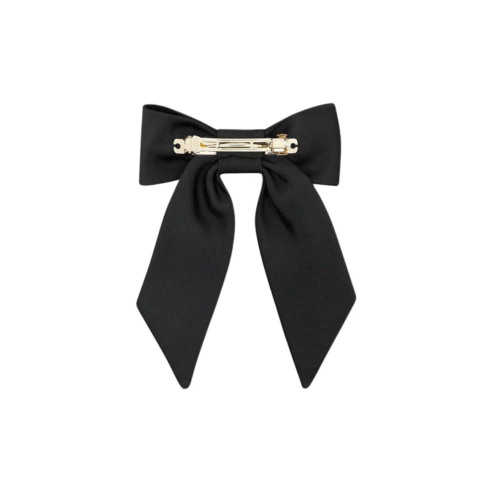 Oversized black ribbon barrette displaying the elegant long tail design styling