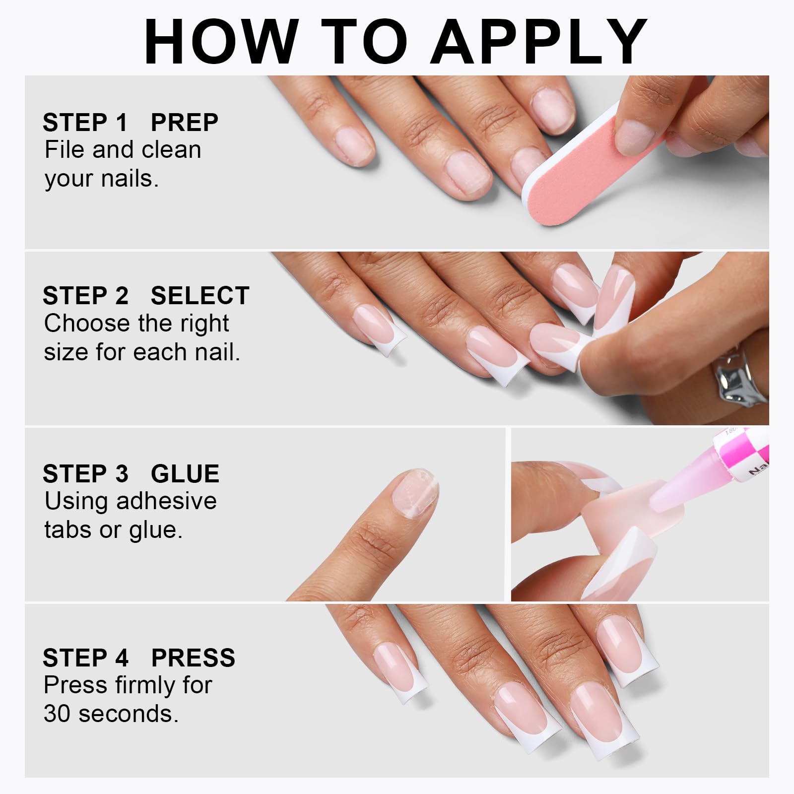 Professional salon quality French tip duck press on nails kit