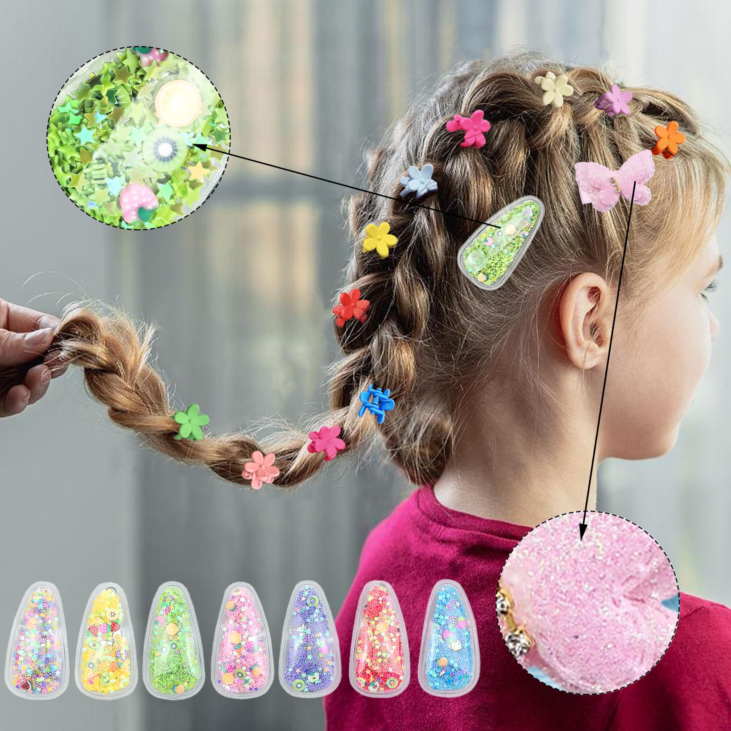 Rolling Art hair accessory kit open view displaying sorted rows of colorful fruit clips and elastic hair ties.