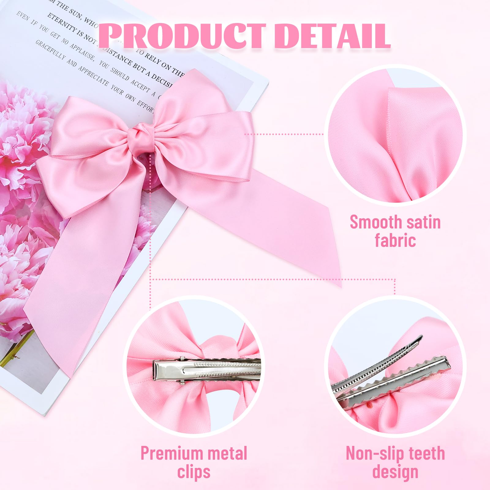 Close up view of the durable metal alligator clip mechanism on the back of the premium satin bow.