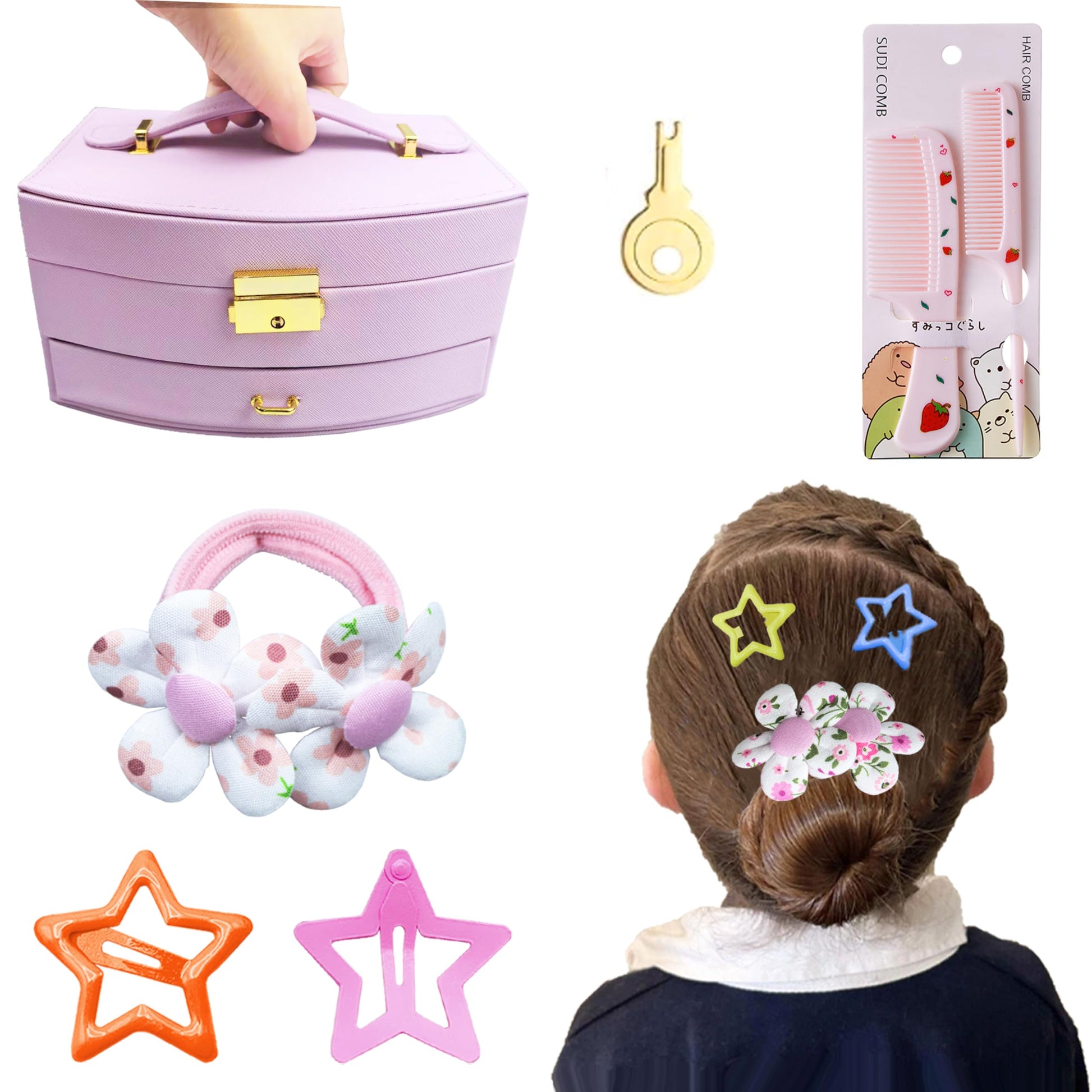 Complete flat lay presentation of all two hundred fifty two pieces of premium girls back-to-school hair styling accessories.