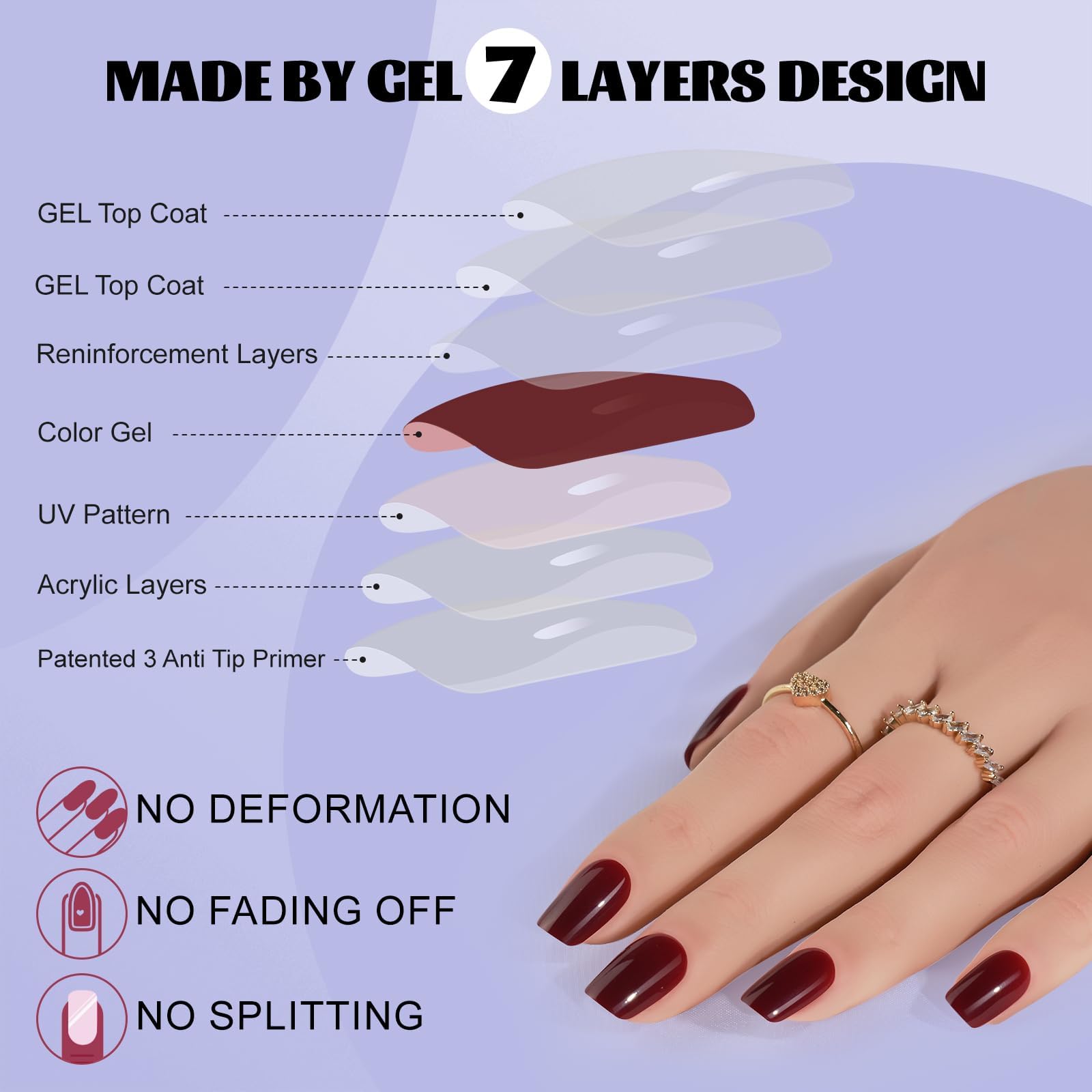 Close up of glossy wine red square press on nails
