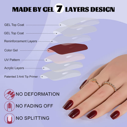 Close up of glossy wine red square press on nails