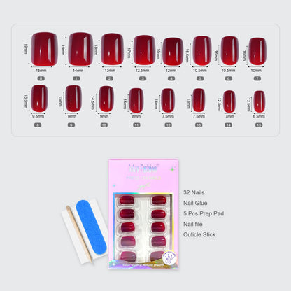 Hand model wearing short square maroon press on nails