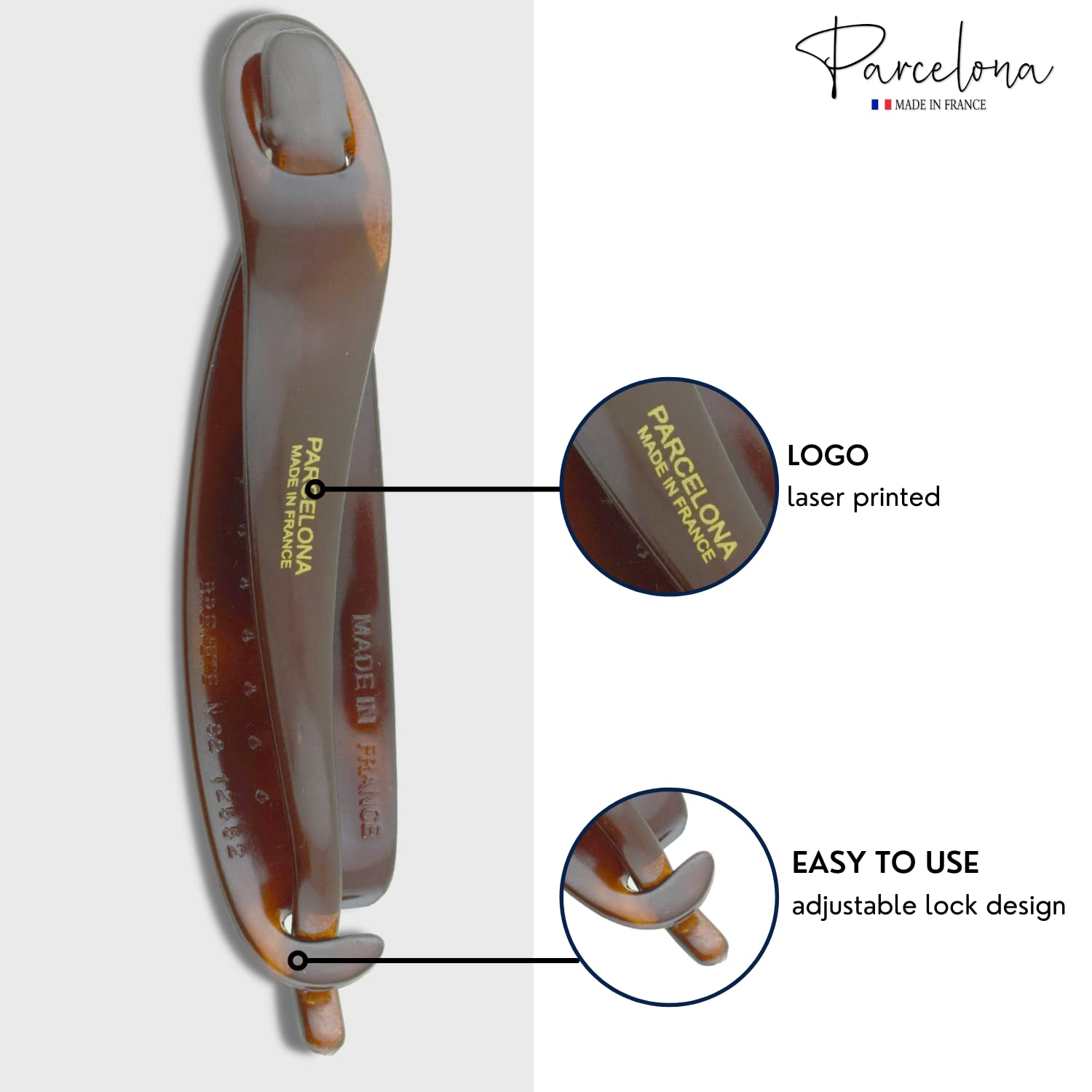 Large four point five inch tortoiseshell pattern hair accessory highlighting the smooth hand polished edges.