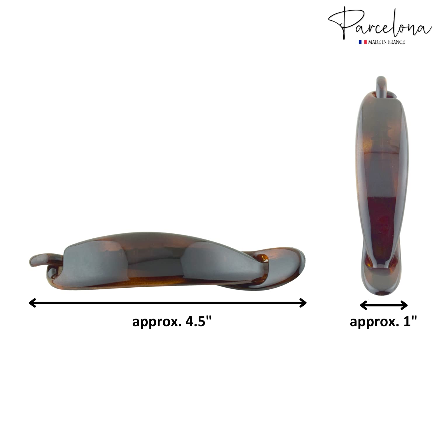 Authentic French celluloid barrette displayed at an angle to showcase its sleek structural curve.