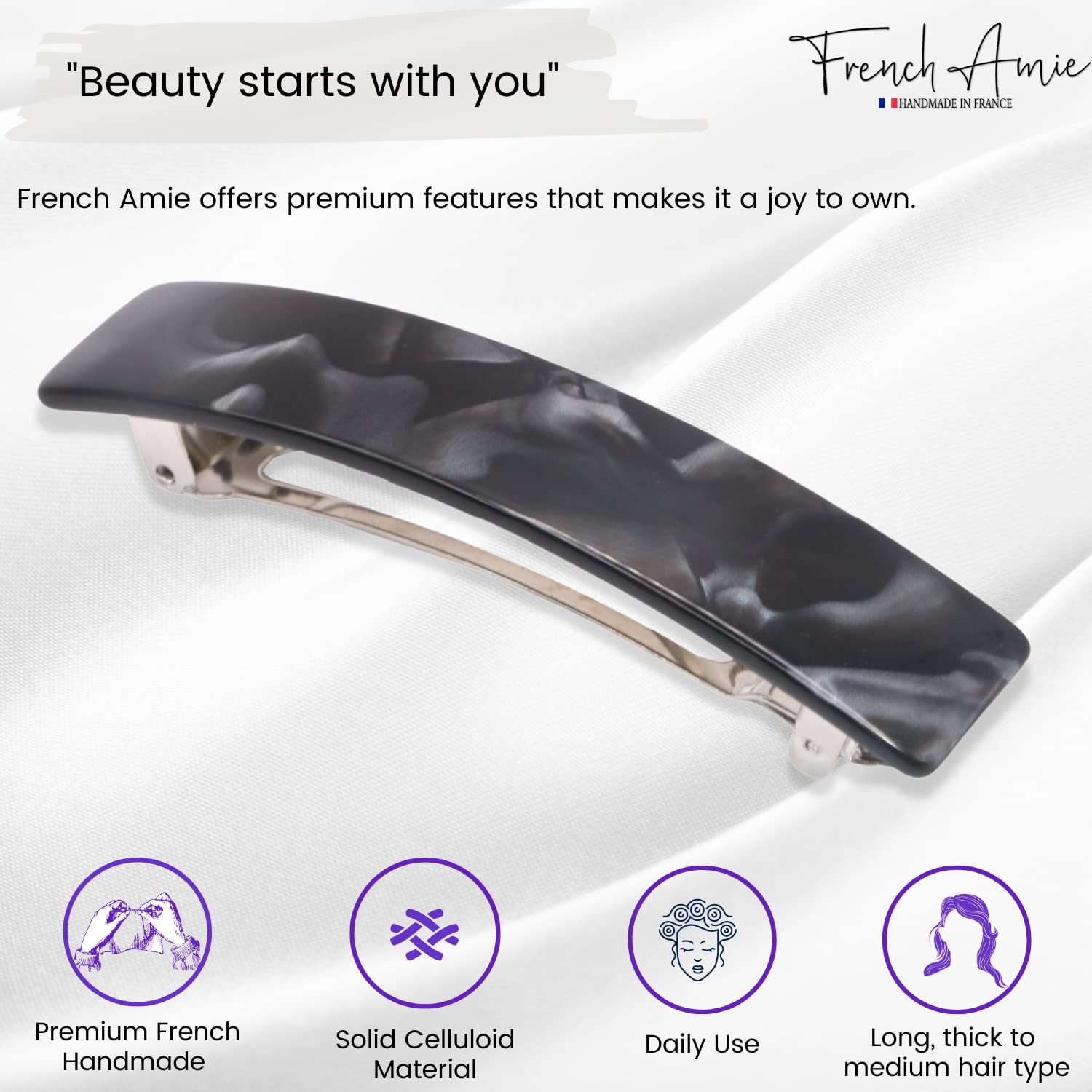 Handmade in France 3.5 inches celluloid hair accessory demonstrating no slip grip thickness