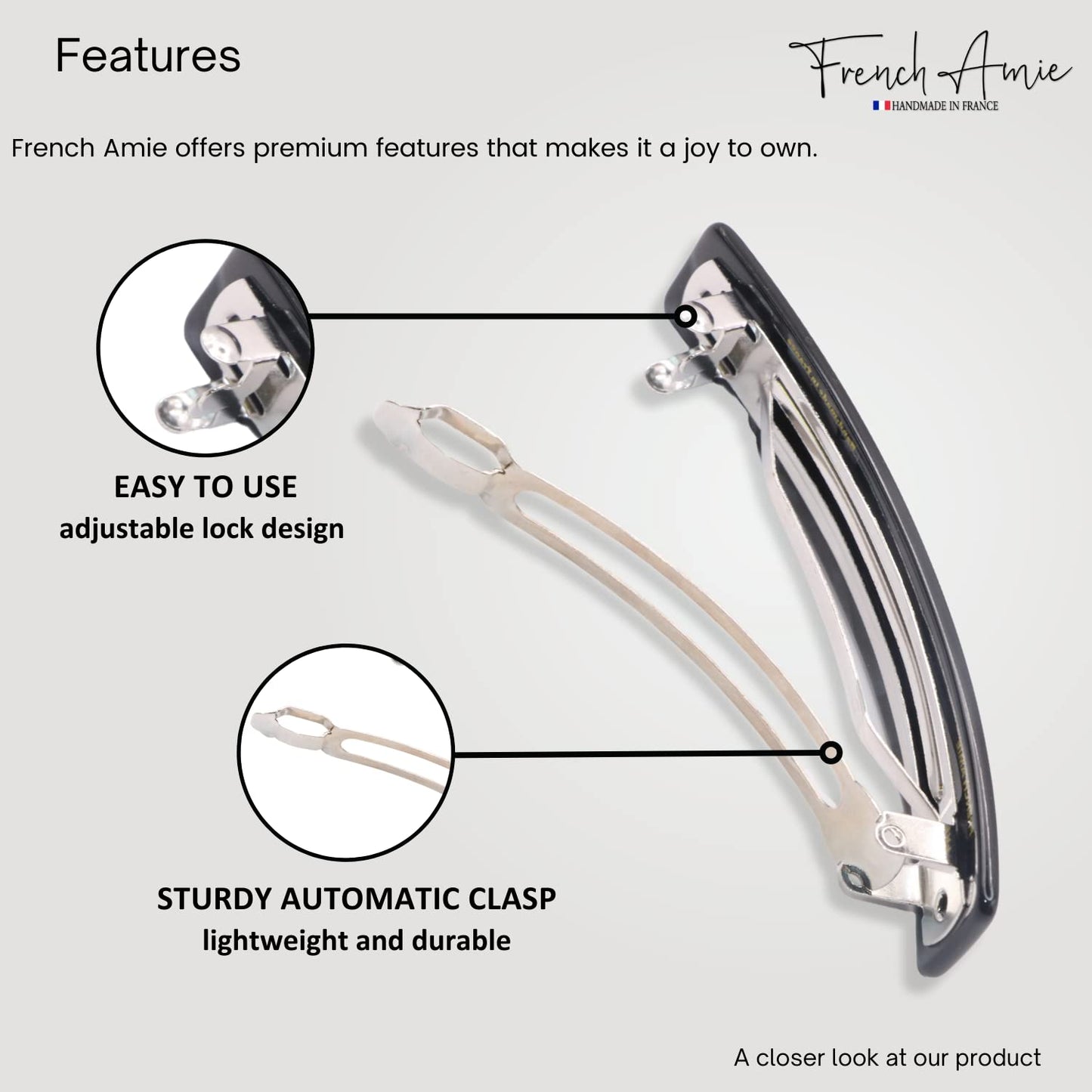 Side view of luxury French Amie pearl black rectangular barrette showing smooth polished edges