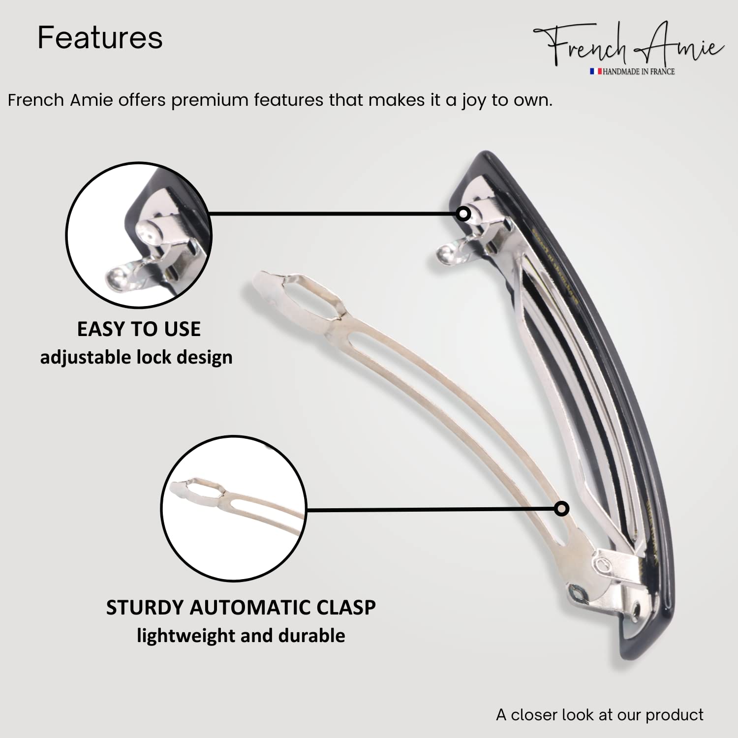 Side view of luxury French Amie pearl black rectangular barrette showing smooth polished edges