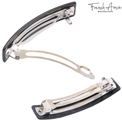 Close up details of the hand polished black finish on the French Amie oblong hair clip