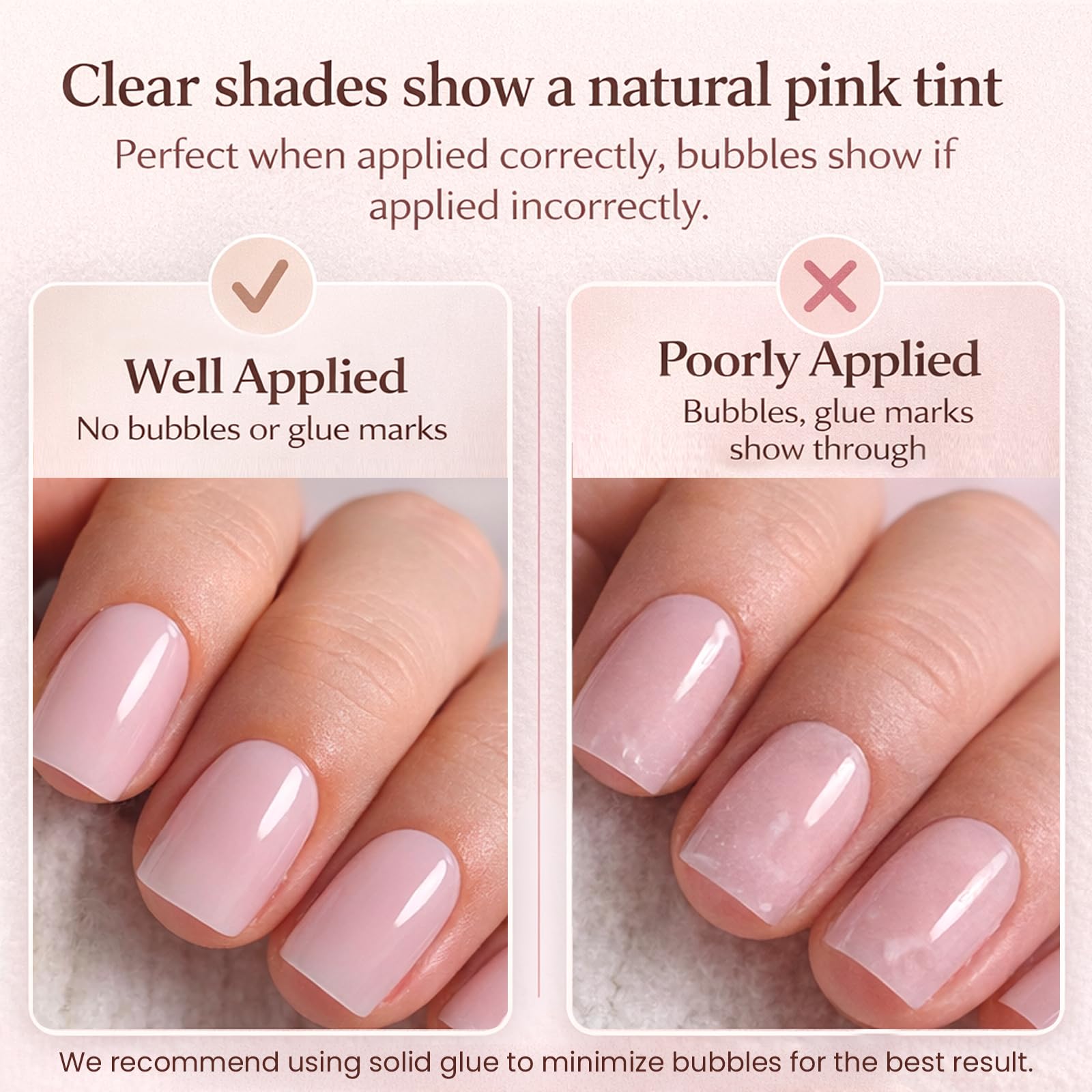 Close up of CurvLife square sheer pink fake nails on hand