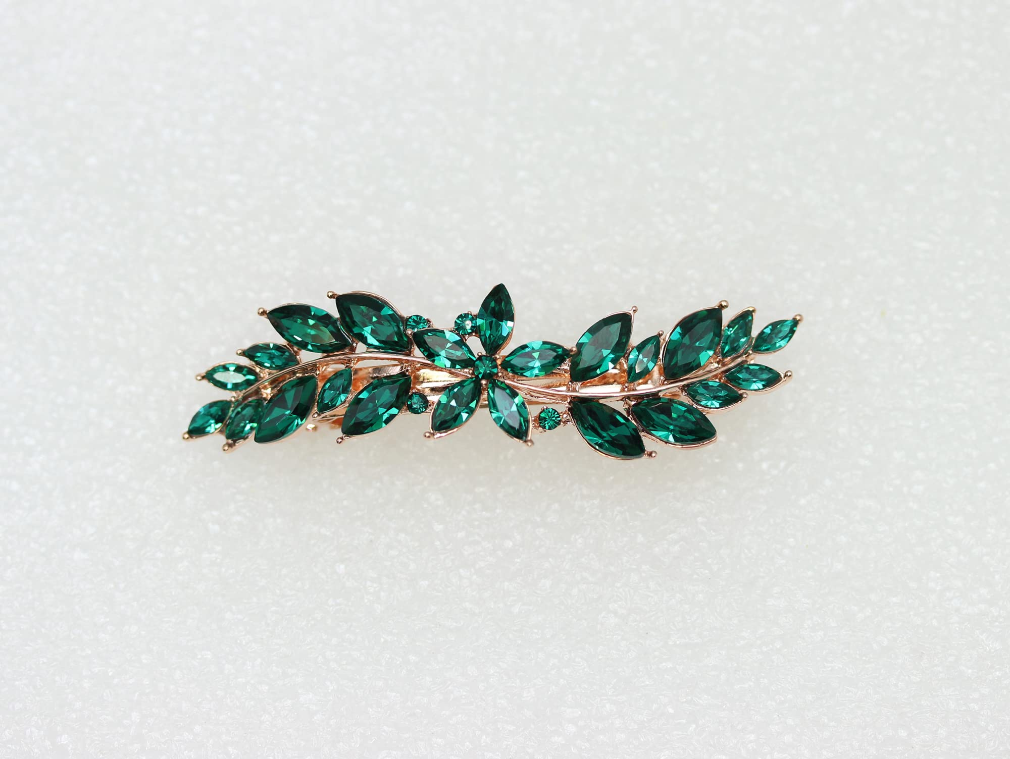Faship luxury green crystal hair accessory side angle displaying the sturdy side release metal closure mechanism for secure non slip hold.