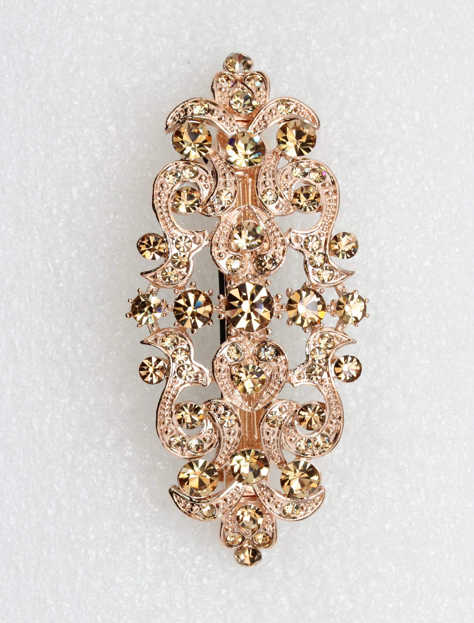 Faship luxury bridal hair clip close up highlighting the intricate light smoked topaz crystal flower petals.