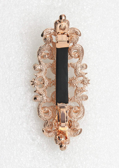 Faship champagne rhinestone statement hair accessory angled view showing its dimensions and metallic finish.