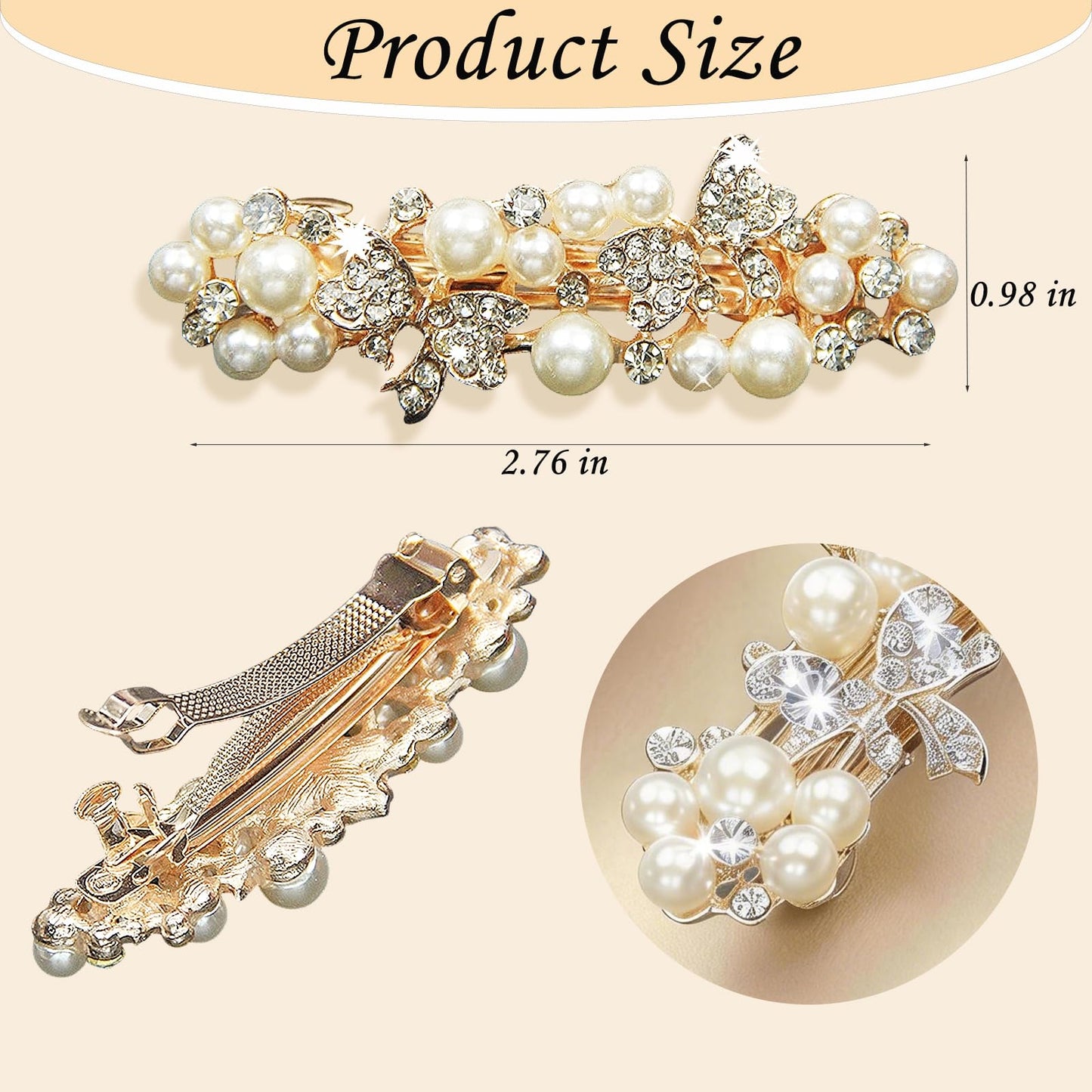 Close up view of the intricate white rhinestones and premium artificial pearl details on the gold alloy barrette.