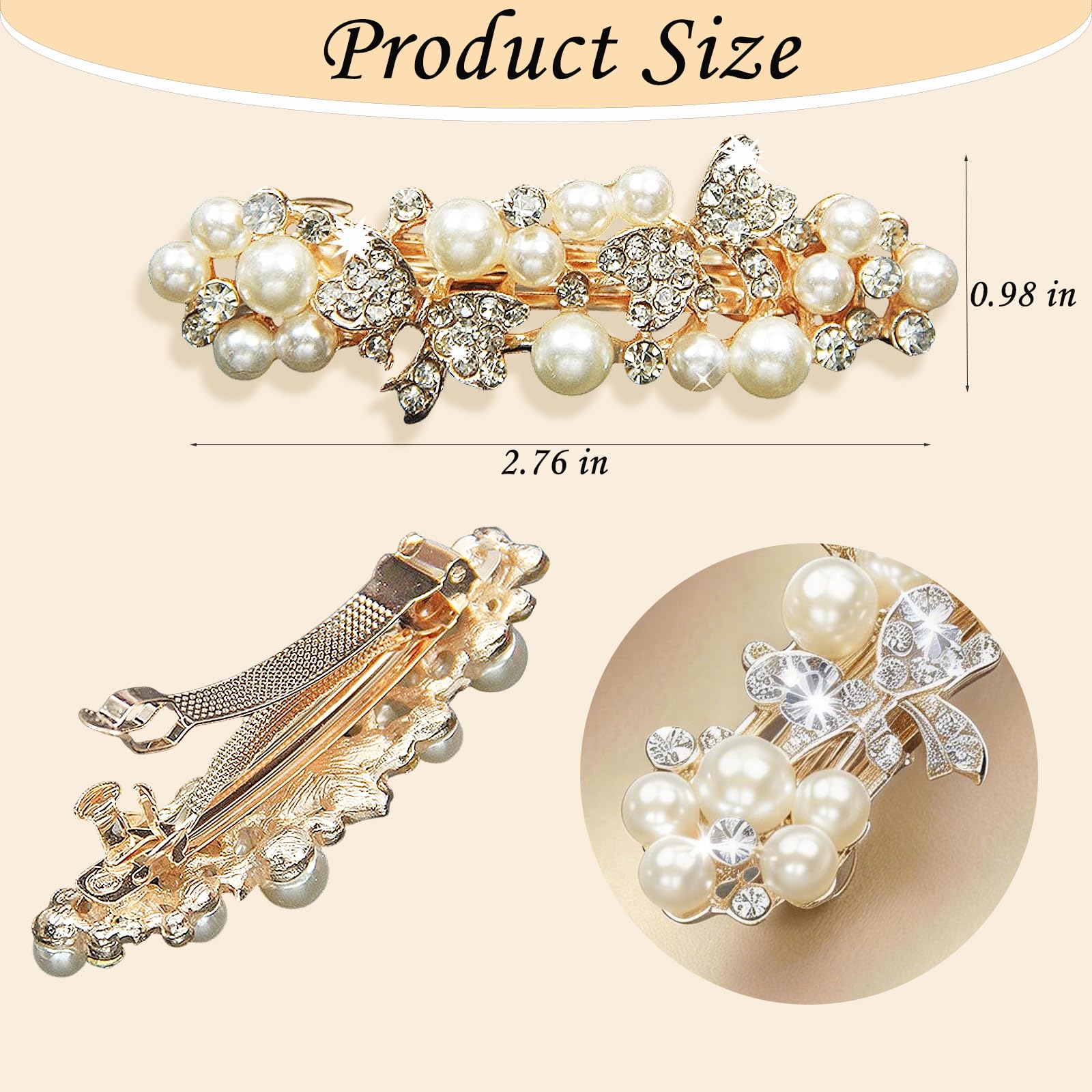 Close up view of the intricate white rhinestones and premium artificial pearl details on the gold alloy barrette.