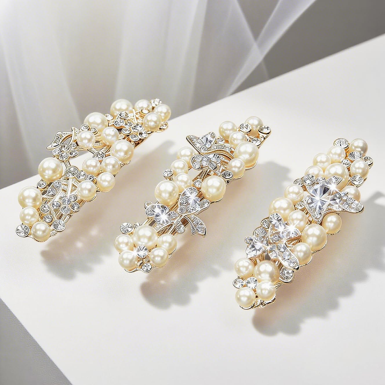Packaging presentation of the fancy gold pearl hair barrette for women showcasing its high quality import finish.