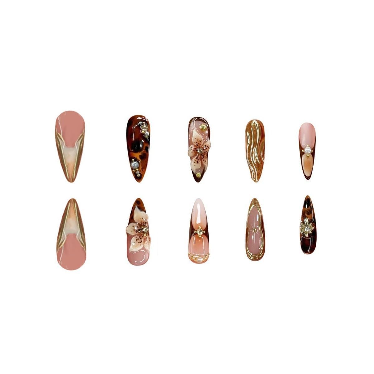 Brown and gold 3D floral press on nails for women