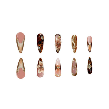 Brown and gold 3D floral press on nails for women