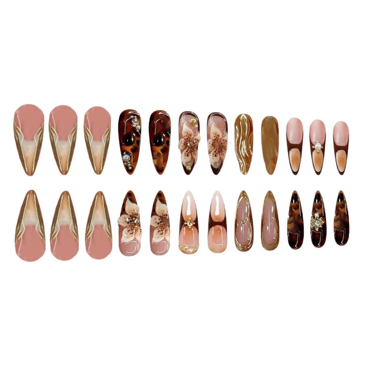 Close up of OHWODA almond shaped false nails with pearls