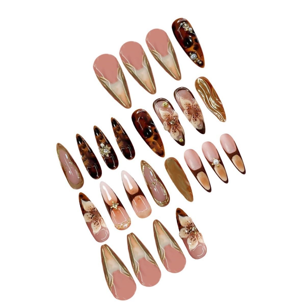 Set of 24 reusable long almond nails in brown design