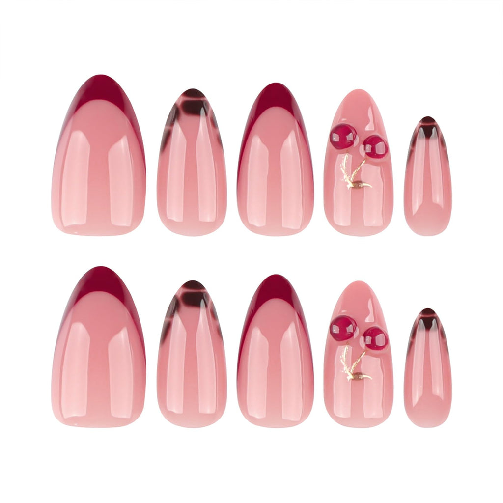Close up of 3D cherry and gold branch details on Mivota almond nails