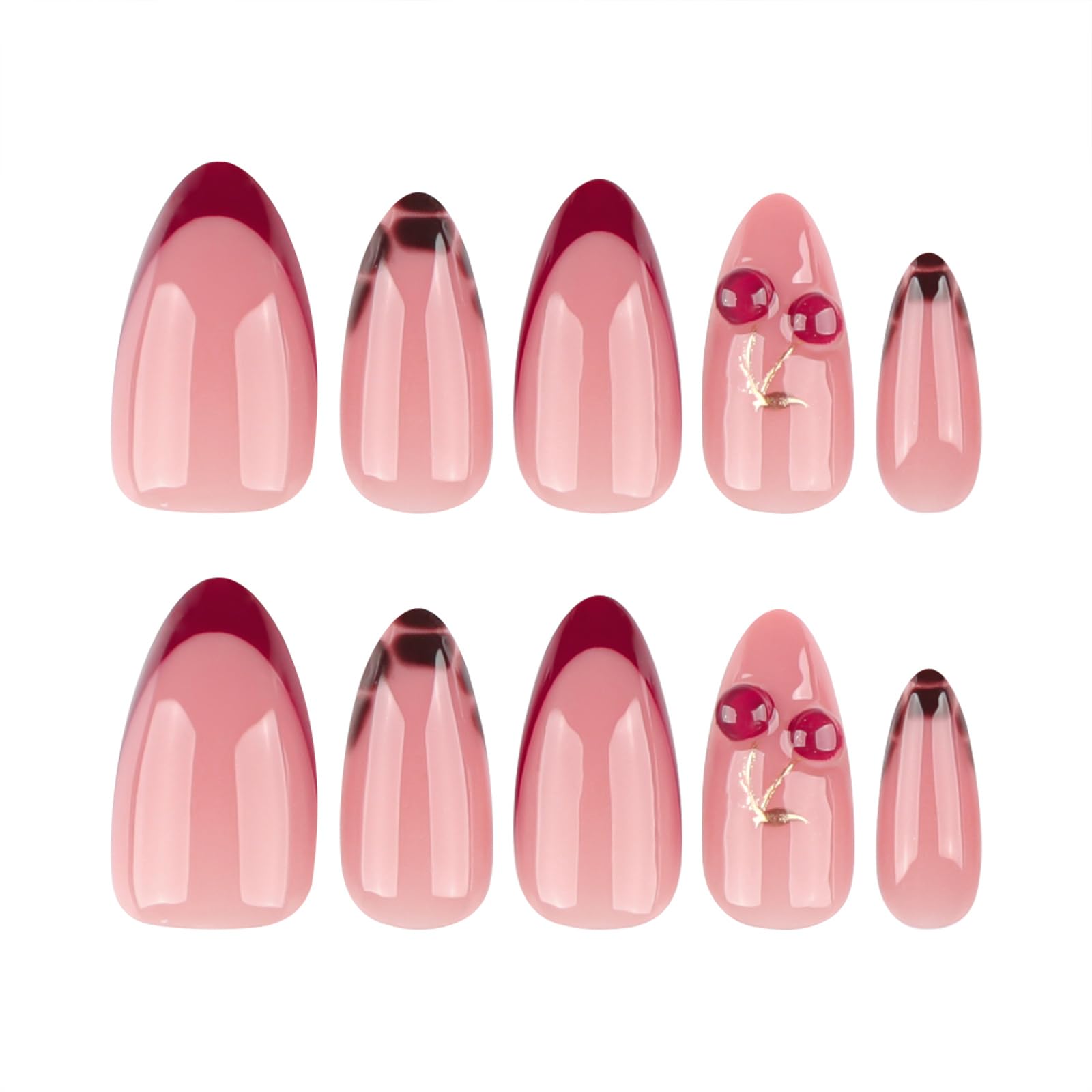 Close up of 3D cherry and gold branch details on Mivota almond nails
