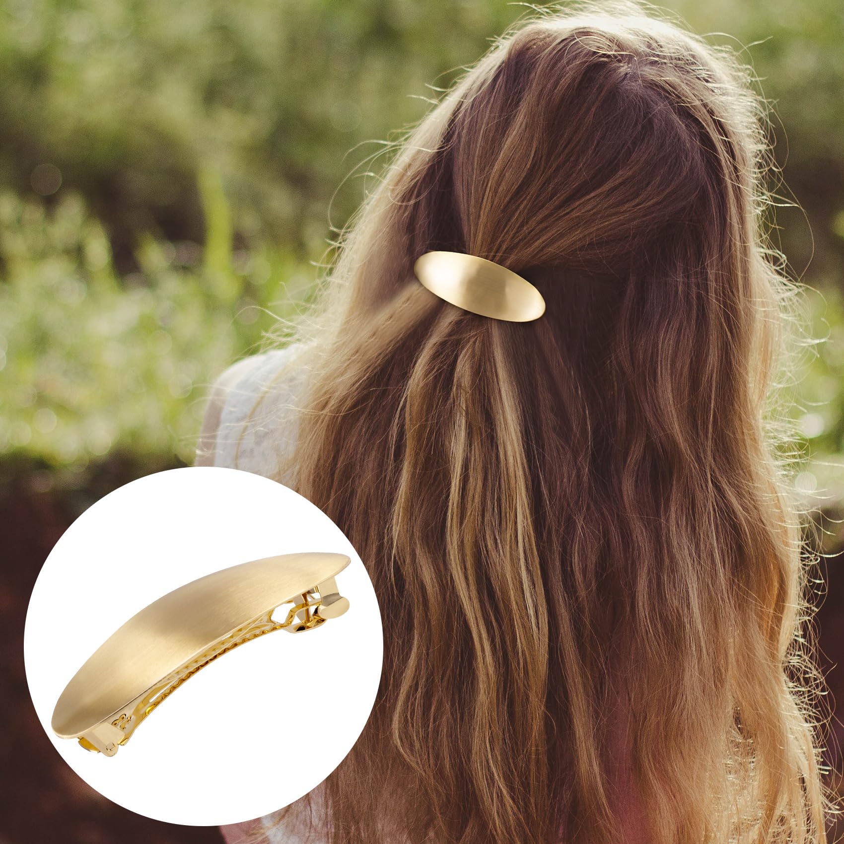 HINZIC vintage metal barrette securing a thick half up hairstyle