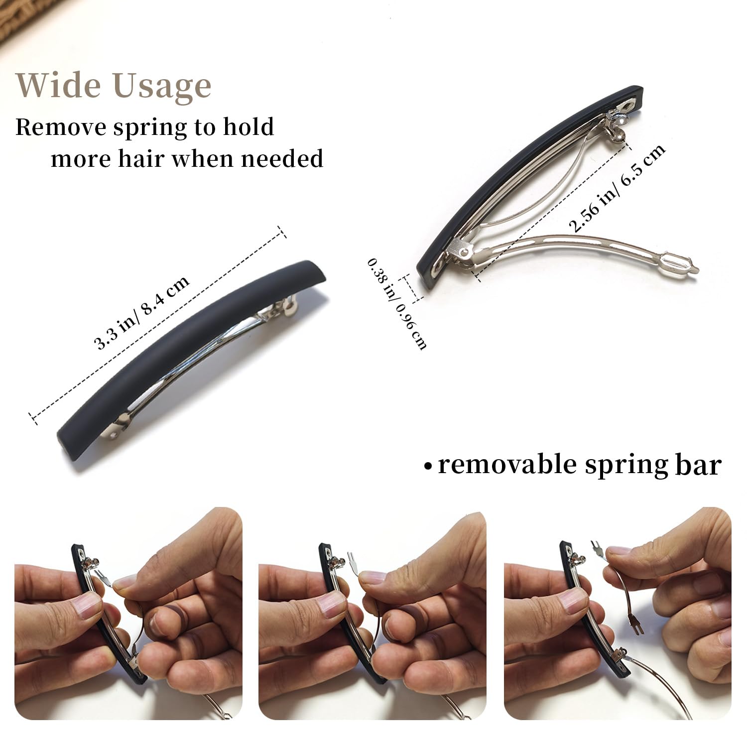 Close up view of the durable acetate non slip small hair barrette clip highlighting its matte finish.